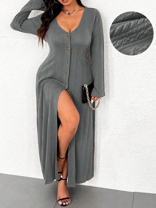 Damen Maxikleid mit innovativem Knopfdesign und tiefem Schlitz EB
