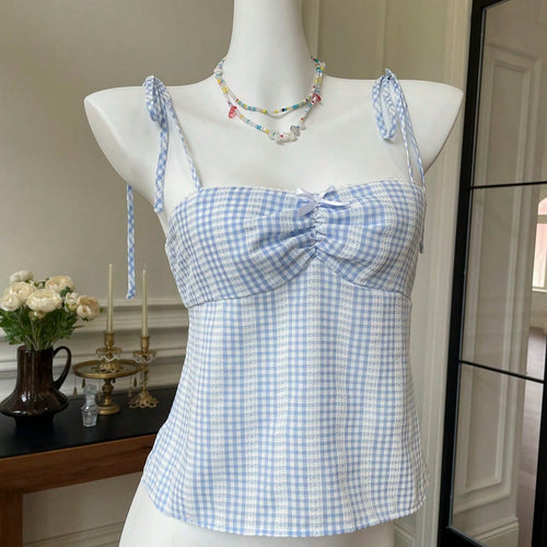 Damen Crop-Top mit verspielt gebundenen Trägern und Karomuster EB