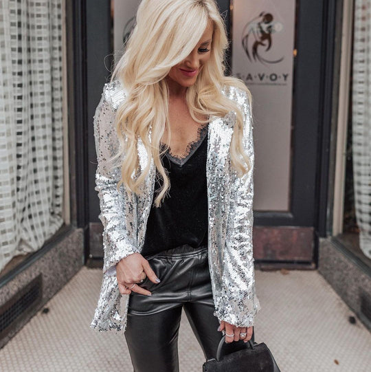 Damen Glamouröse Blazerjacke mit Paillettenbesatz und langem Arm EB