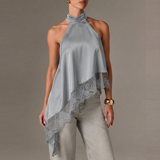 Damen luftiges Chiffon-Top mit eleganter Spitzenverzierung EB