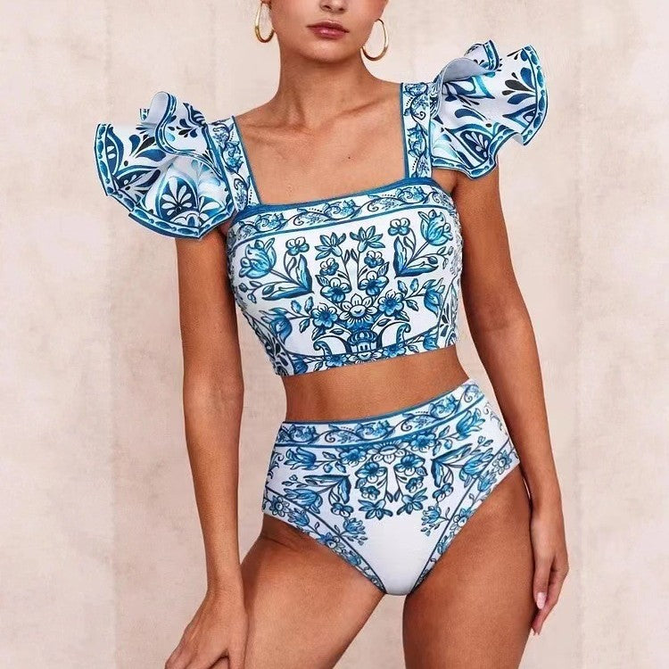 Damen Bikini-Set mit verspieltem Puffärmel und elegantem Wickelrock EB
