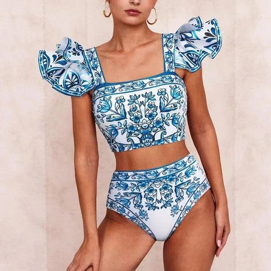 Damen Bikini-Set mit verspieltem Puffärmel und elegantem Wickelrock EB