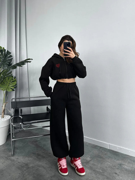 Damen Cropped Hoodie und weite Jogginghose Set EB