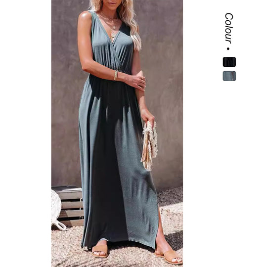 Damen Maxi-Kleid mit elegantem Wickeldesign und hohem Schlitz EB