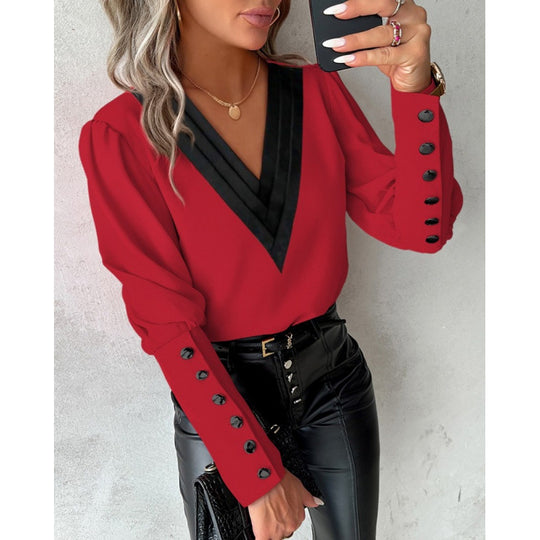 Damen Bluse mit V-Ausschnitt und eleganten Puffärmeln EB