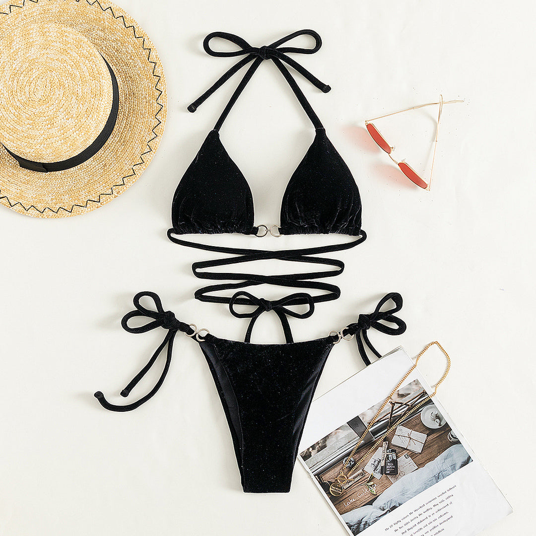 Damen Triangel-Bikini mit verstellbaren Trägern und luxuriösem Samt-Design EB