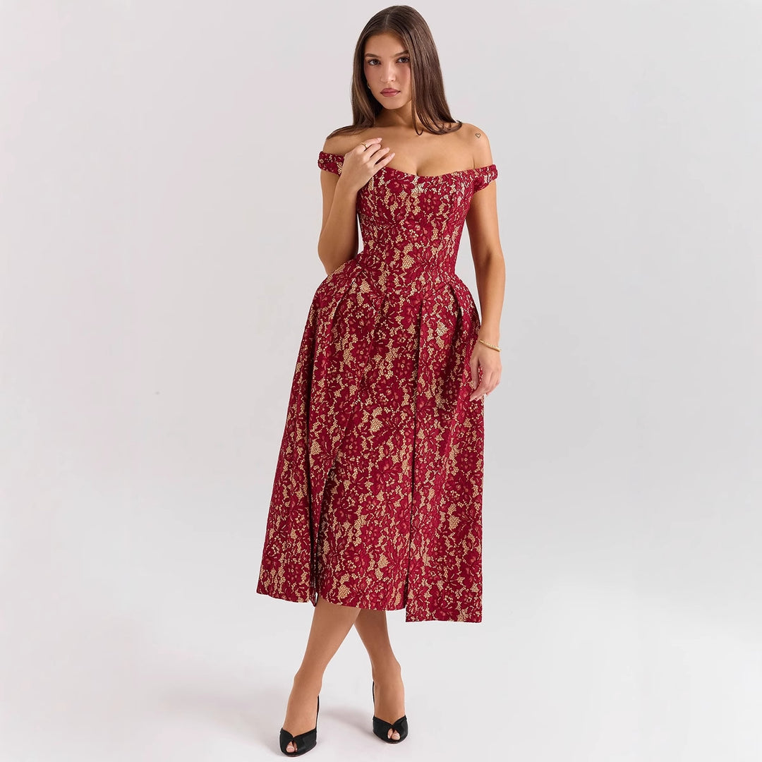 Damen Spitzenkleid mit schulterfreiem Design und elegantem Rock EB
