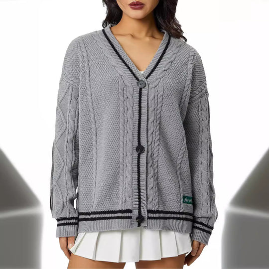 Damen Grob gestrickte Cardigan mit Sternenapplikationen und Knopfverschluss EB