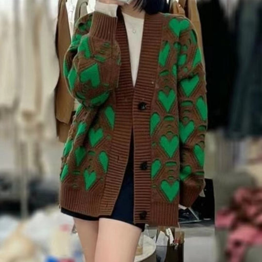 Damen Strickjacke mit einzigartigem Herzmuster und voluminösen Ärmeln EB