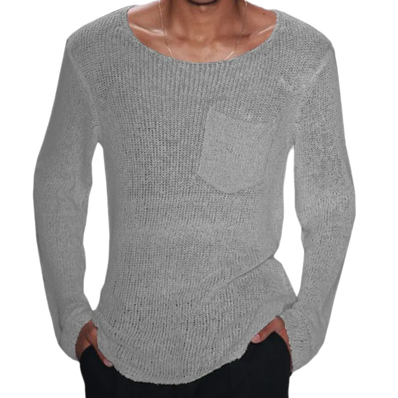 Herren lässiger Pullover mit offener Maschenstruktur und Brusttasche EB
