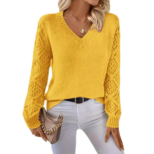 Damen Eleganter Strickpullover mit V-Ausschnitt und gehäkelten Ärmeln EB