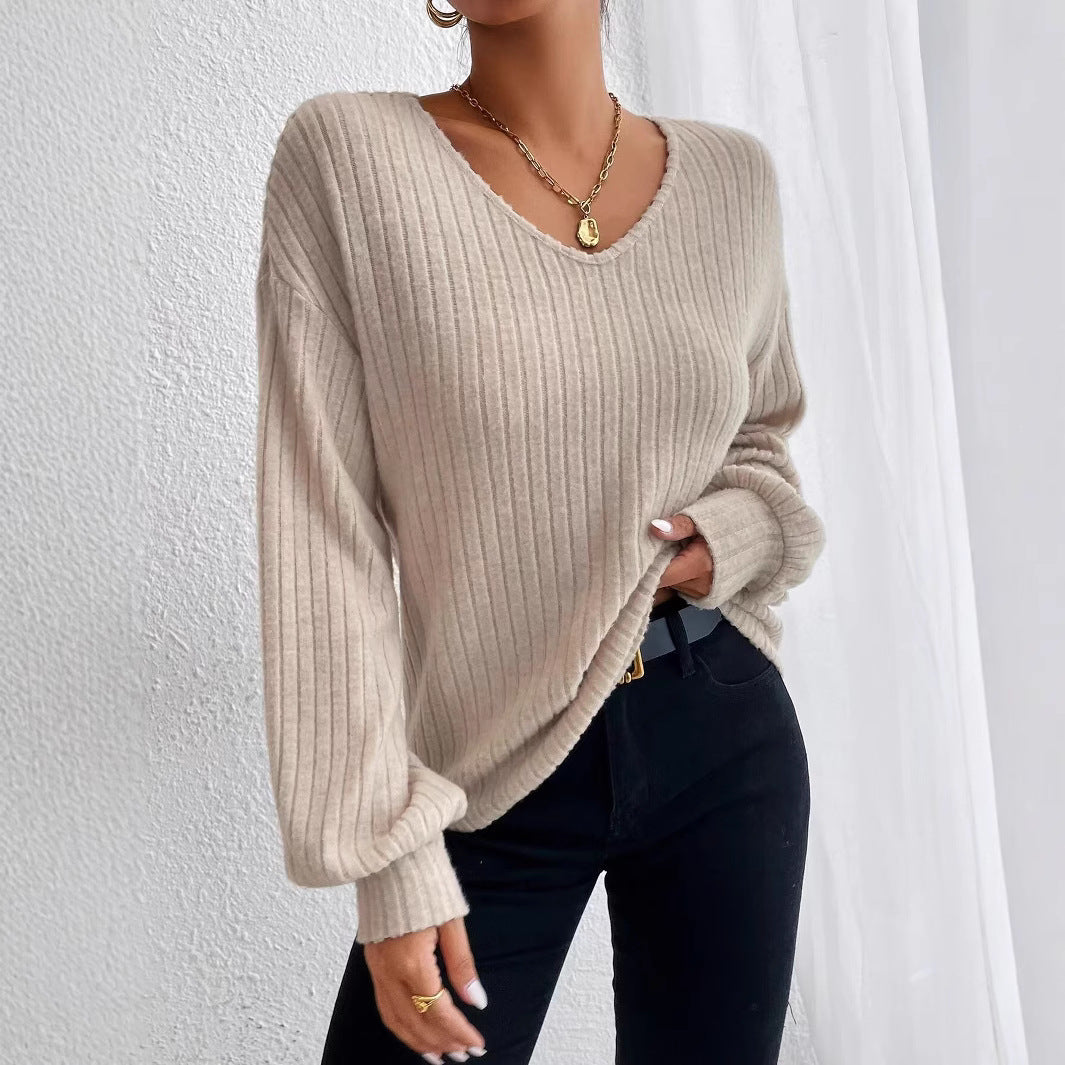 Damen Strukturierter V-Ausschnitt Pullover mit weiten Ärmeln EB