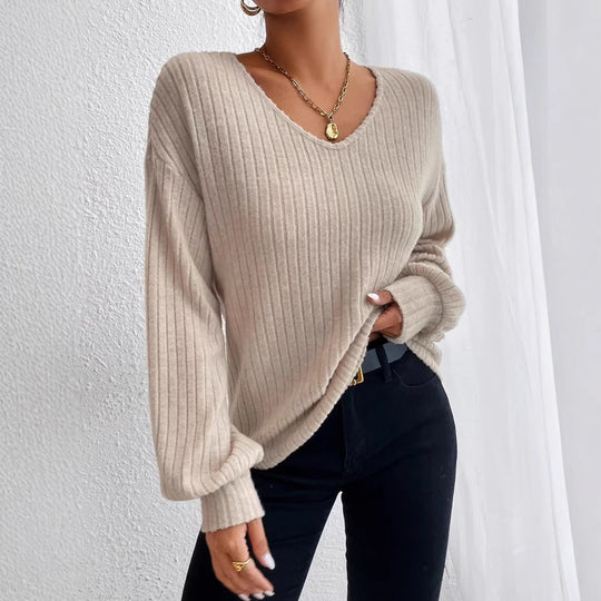 Damen Strukturierter V-Ausschnitt Pullover mit weiten Ärmeln EB