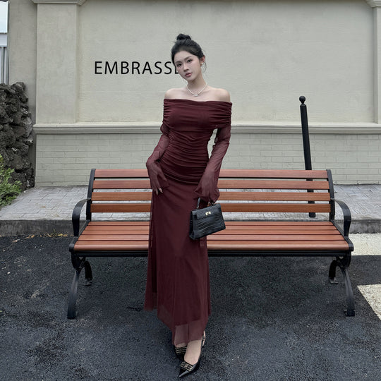 Damen Off-Shoulder Abendkleid mit gerafftem Design und langen Ärmeln EB