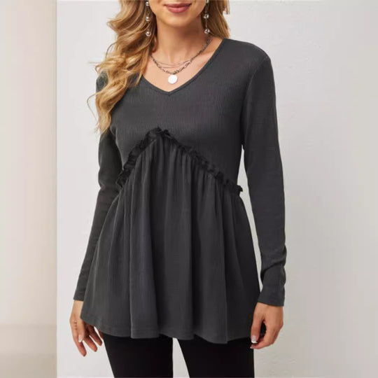 Damen V-Ausschnitt Langarmshirt mit Rüschendetail EB