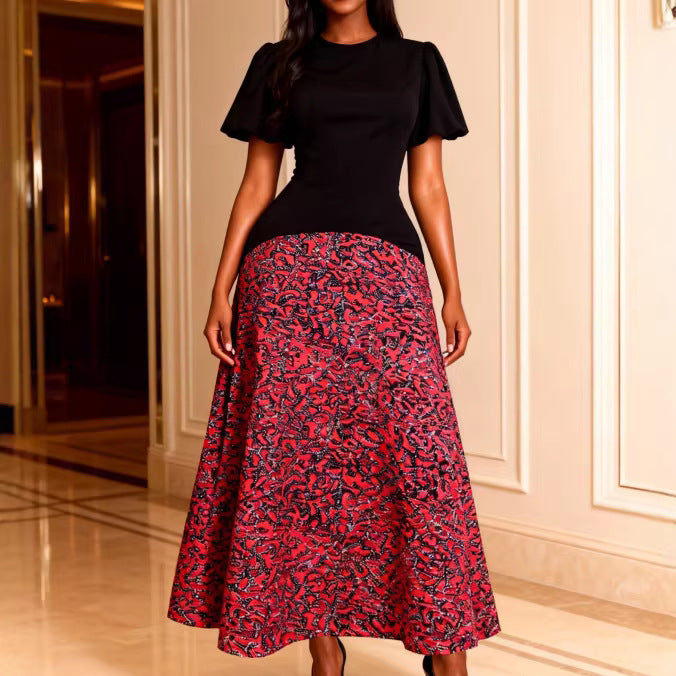 Damen Elegantes Maxikleid mit grafischem Muster und Puffärmel EB
