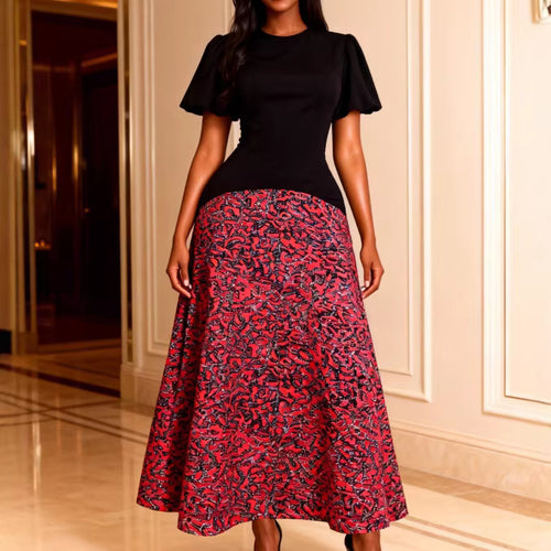 Damen Elegantes Maxikleid mit grafischem Muster und Puffärmel EB
