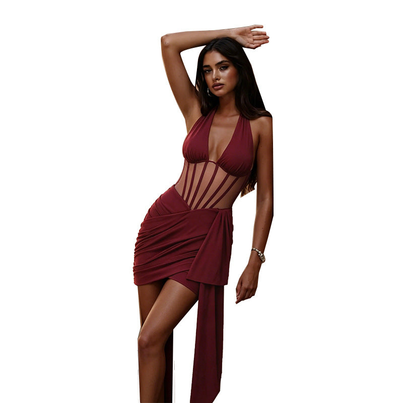 Damen verführerisches Bodycon-Kleid mit tiefem V-Ausschnitt und Rüschendetail EB