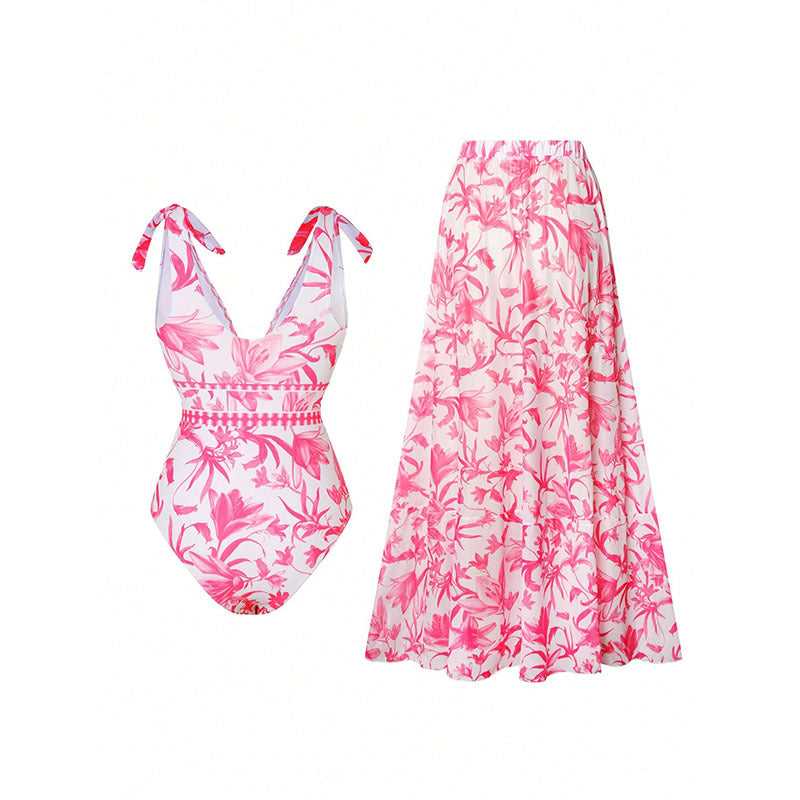 Damen Badeanzug mit floralem Design und passendem Maxirock EB