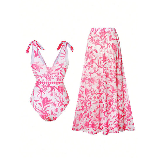 Damen Badeanzug mit floralem Design und passendem Maxirock EB