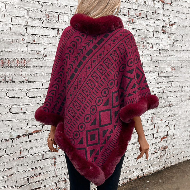 Damen modischer Poncho mit dekorativem Kunstfellkragen EB