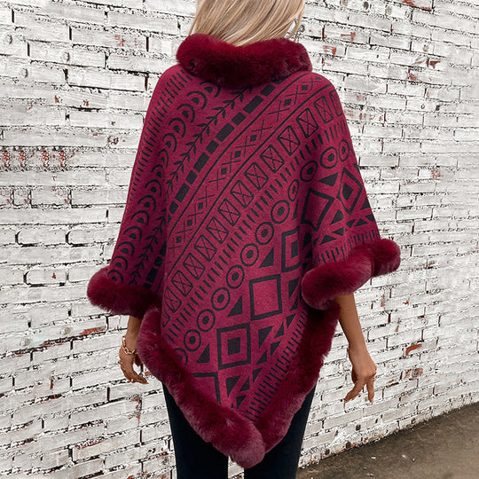 Damen modischer Poncho mit dekorativem Kunstfellkragen EB