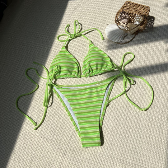 Damen Triangel-Bikini mit verstellbaren Bändern und buntem Streifenmuster EB