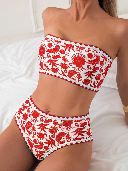 Damen Bandeau-Bikini-Set mit farbenfrohem floralen Muster und elastischem Gürtel EB