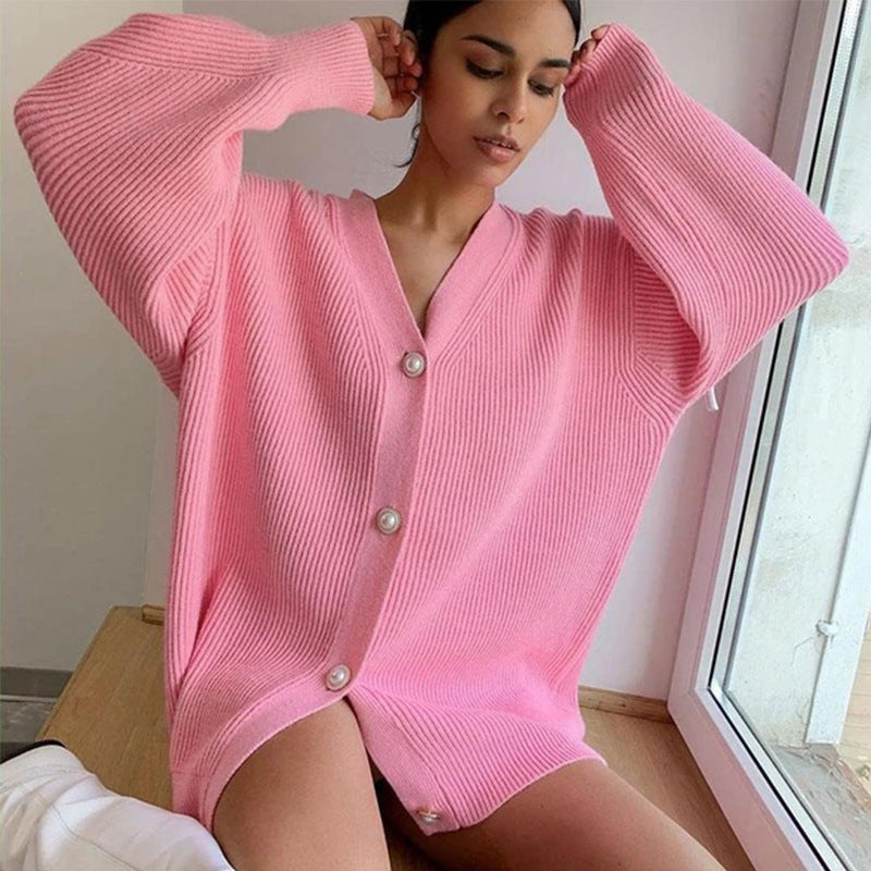 Damen Offene Strickjacke mit Knöpfen und V-Ausschnitt EB