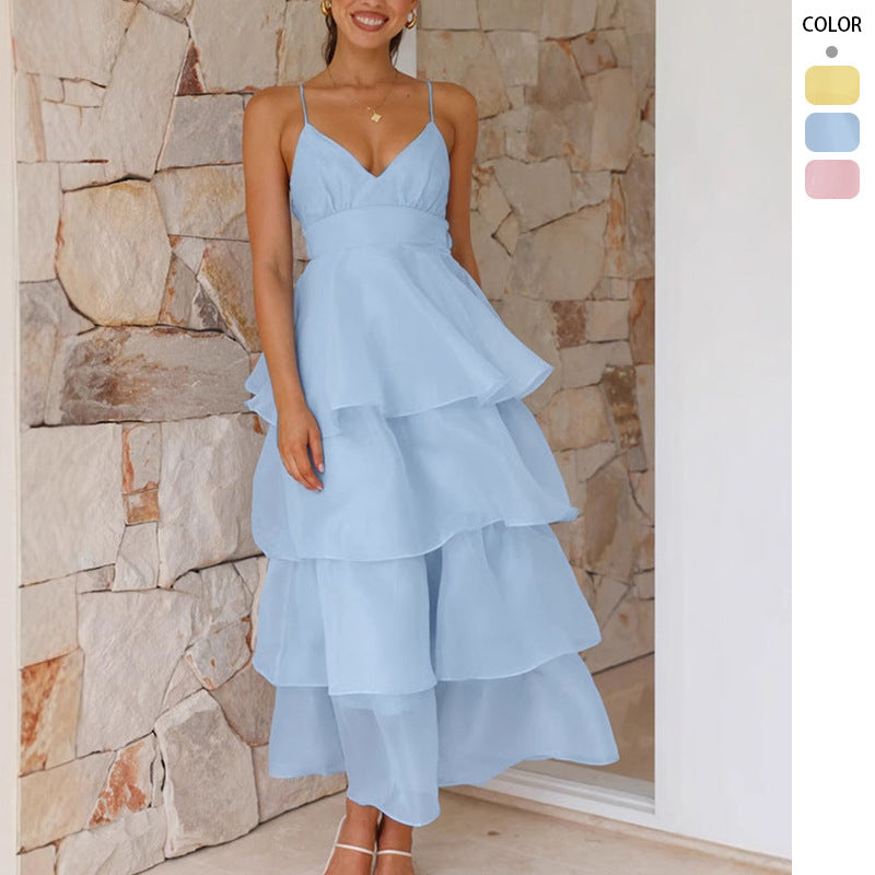 Damen luftiges Maxikleid mit Schichten und Spaghettiträgern EB