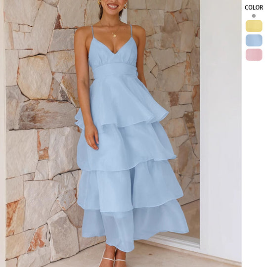 Damen luftiges Maxikleid mit Schichten und Spaghettiträgern EB
