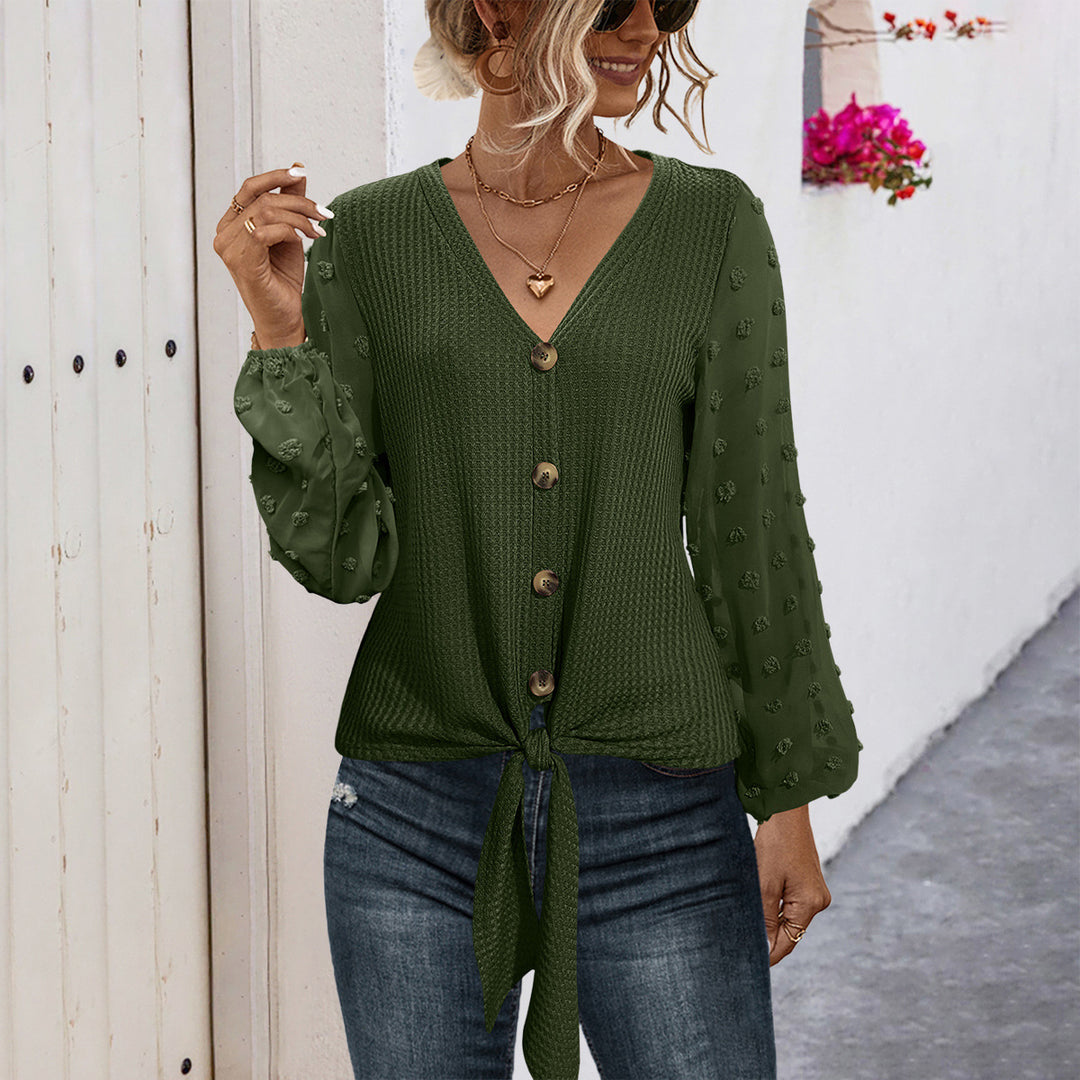 Damen modisches Blusenshirt mit Knopfdetails und voluminösen Ärmeln EB