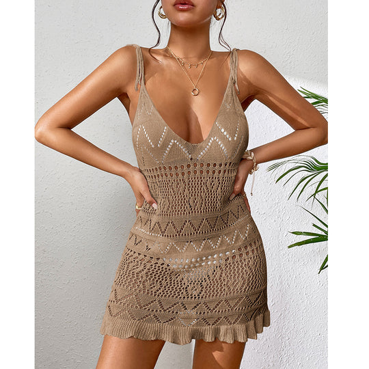 Damen Häkel-Strandkleid mit verstellbaren Trägern und Rüschensaum EB