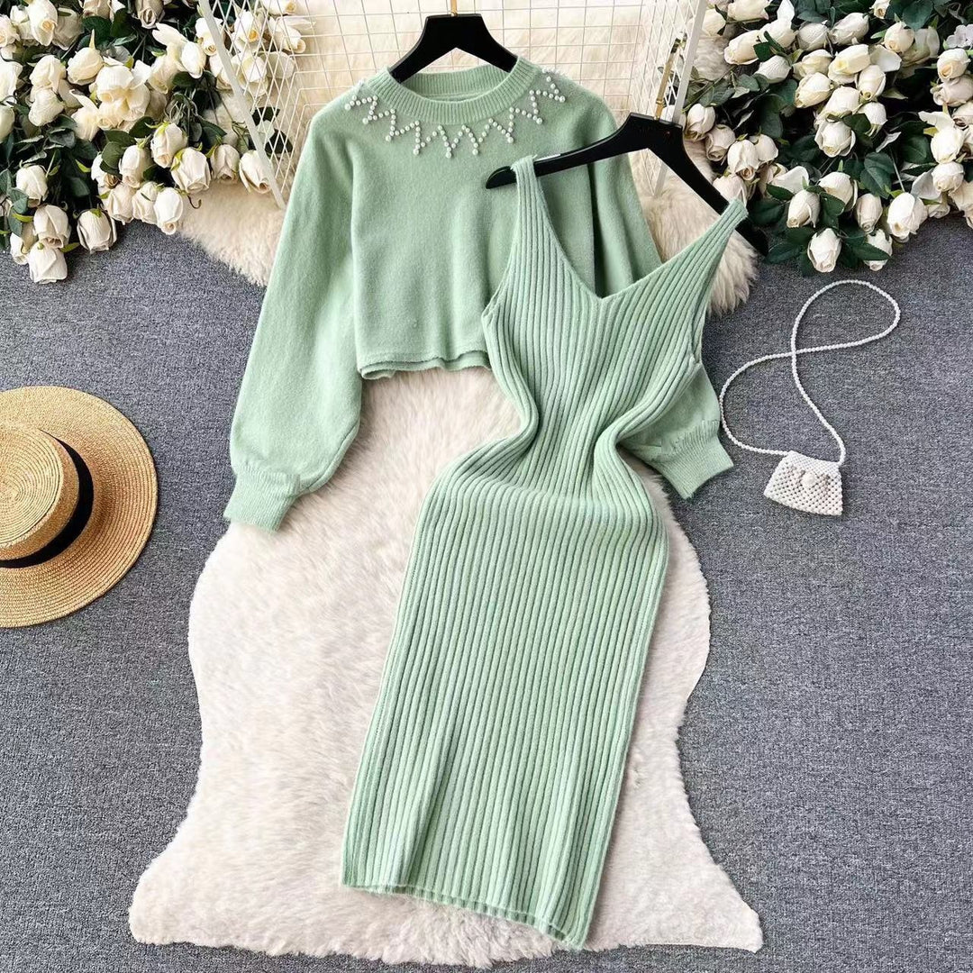 Damen Elegantes Strickkleid mit raffinierter Ribstruktur und stylischem Crop-Pullover EB