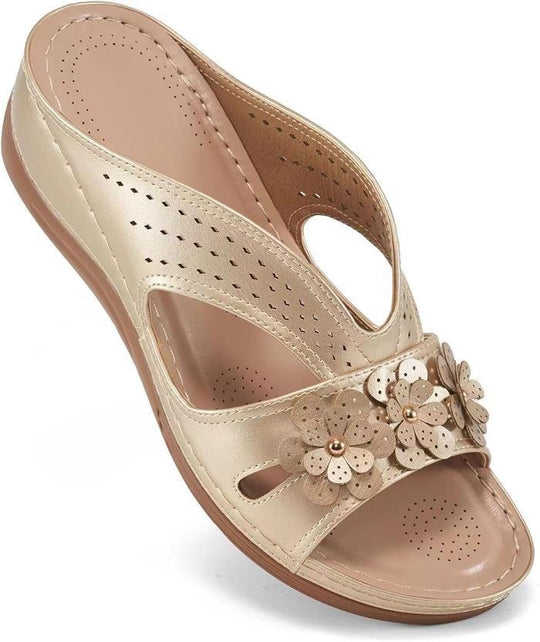 Damen Bequeme Pantoletten mit Blumenapplikation und orthopädischer Dämpfung EB