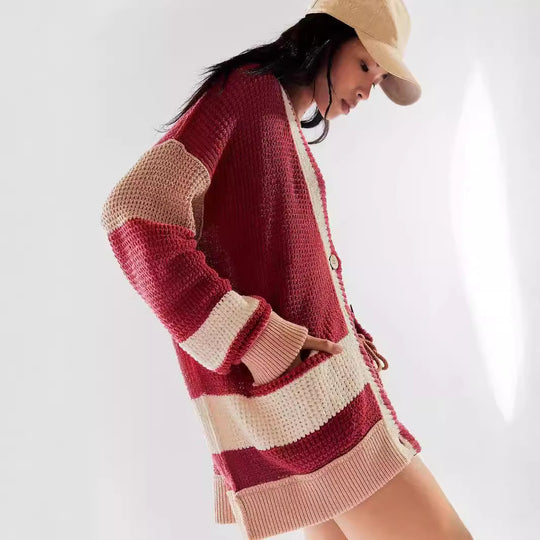 Damen lässiger Strickcardigan mit großen Taschen und stilvollen Kontraststreifen EB