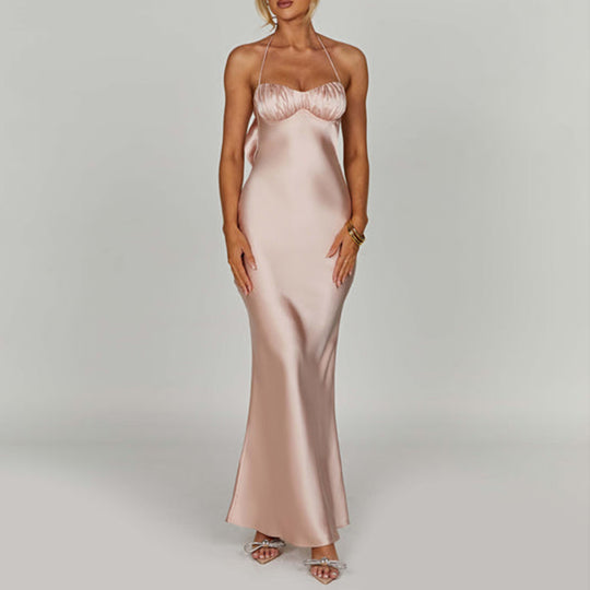 Damen elegantes Satin-Abendkleid mit dünnen Trägern EB