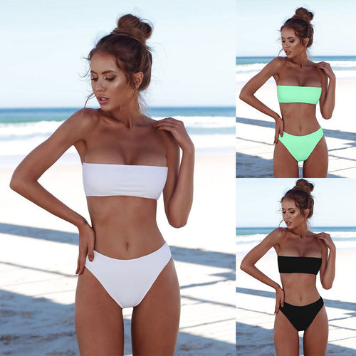 Damen Bandeau-Bikini-Set mit hohem Taillenbund und strukturiertem Stoff EB