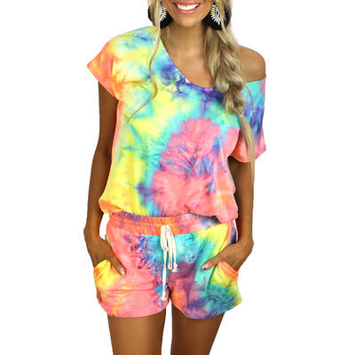 Damen lässiger Einteiler mit asymmetrischem Schnitt und buntem Batikdesign EB