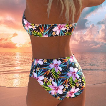 Damen Bandeau-Bikini-Set mit hochgeschnittenem Höschen und tropischem Blütenmuster EB