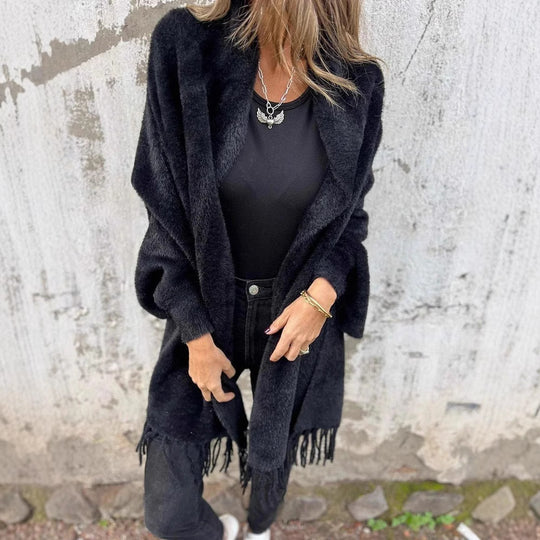 Damen nan langer kuscheliger Fransen-Cardigan mit Schalkragen und Oversize-Passform EB
