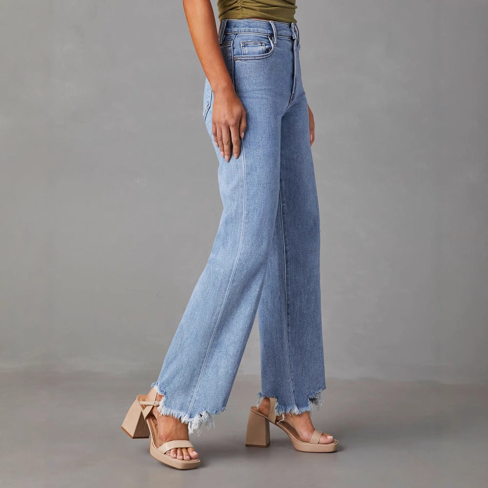 Damen Weit geschnittene Jeans mit fransigem Saum EB