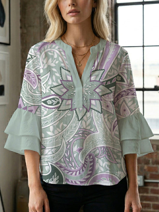 Damen Bluse mit voluminösen Rüschenärmeln und kreativem Floraldesign EB