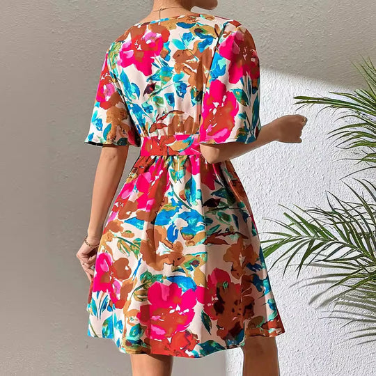 Damen Wickelkleid mit floralem Muster und Taillenknoten EB