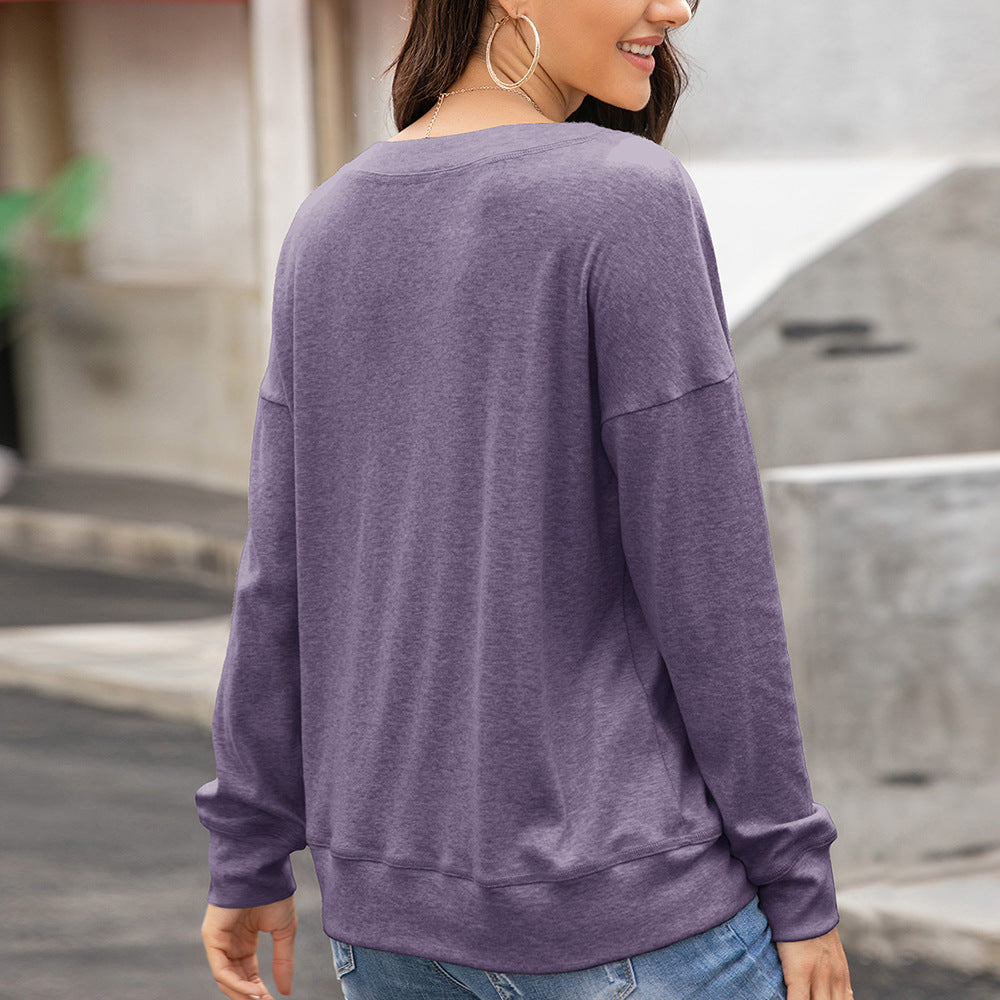 Damen gemütliches Langarm-Henley-Shirt mit Knopfleiste und tiefem Rundhalsausschnitt EB