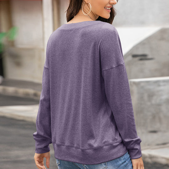 Damen gemütliches Langarm-Henley-Shirt mit Knopfleiste und tiefem Rundhalsausschnitt EB