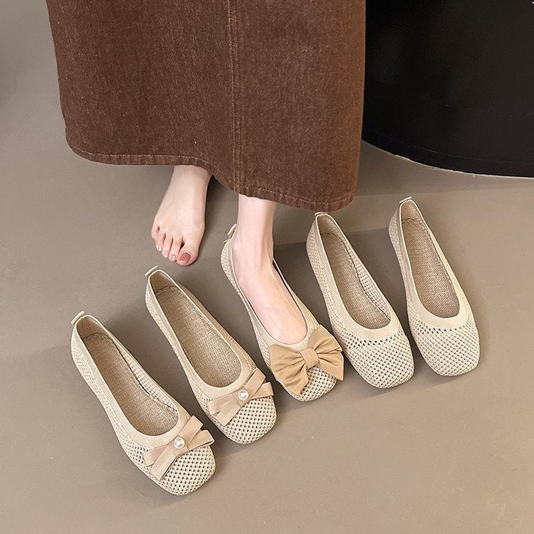 Damen elegante Ballerinas mit zierlichem Schleifen- und Perlenschmuck EB