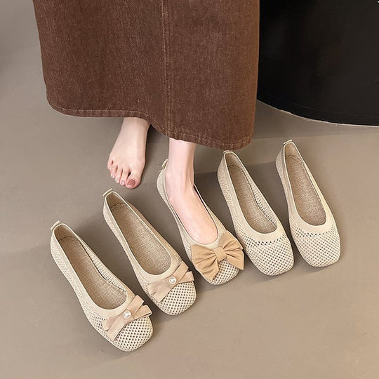 Damen elegante Ballerinas mit zierlichem Schleifen- und Perlenschmuck EB
