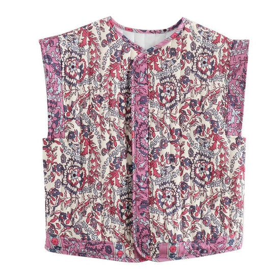 Damen Gesteppte Weste mit Floralem Design und Praktischen Taschen EB