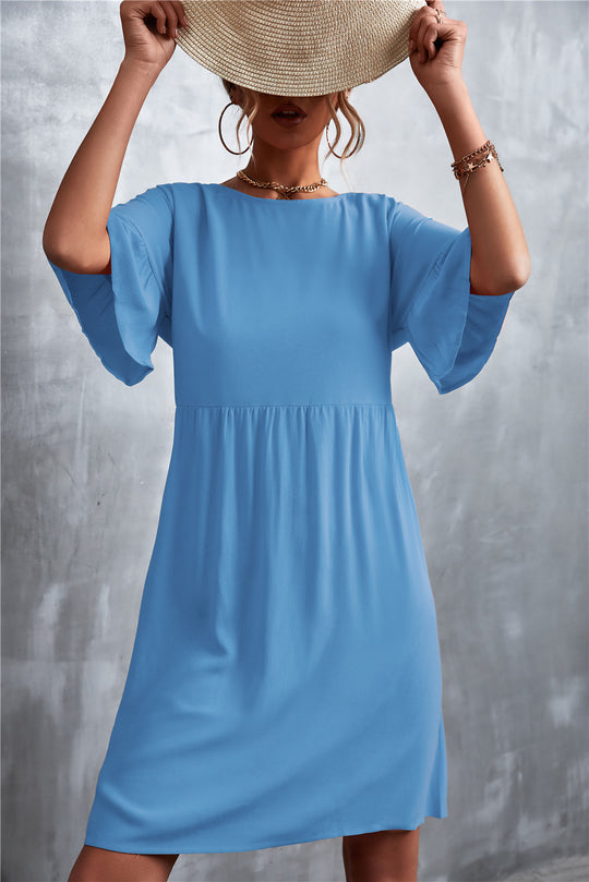 Damen Freizeitkleid mit weit ausgestellten Ärmeln und elastischem Taillenbund EB